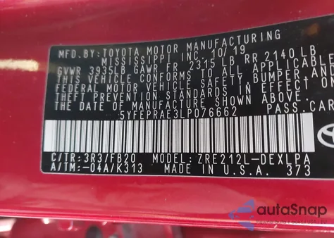 2020 Toyota Corolla Le from USA, damaged, VIN 5YFEPRAE3LP076662